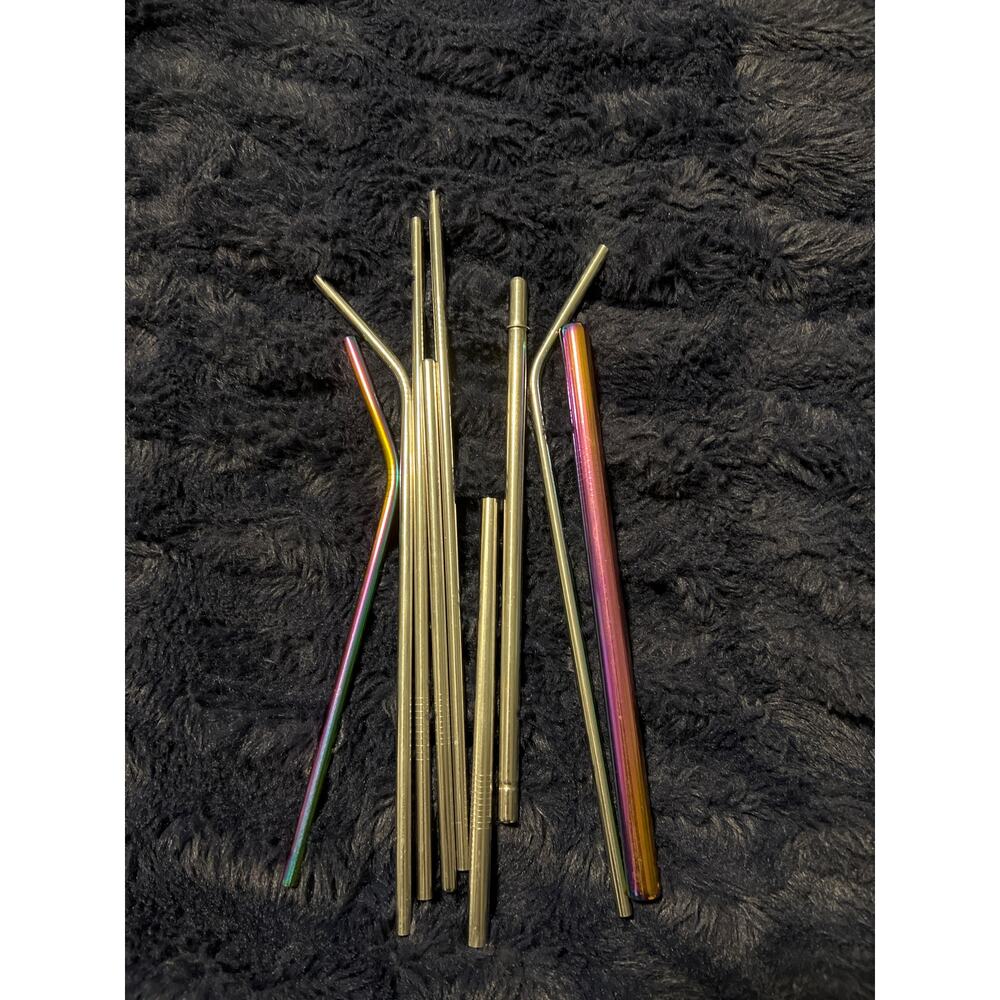 Reusable Metal Straw Set – 9 Piece Bundle Stainless Steel Mixed Styles NWOT